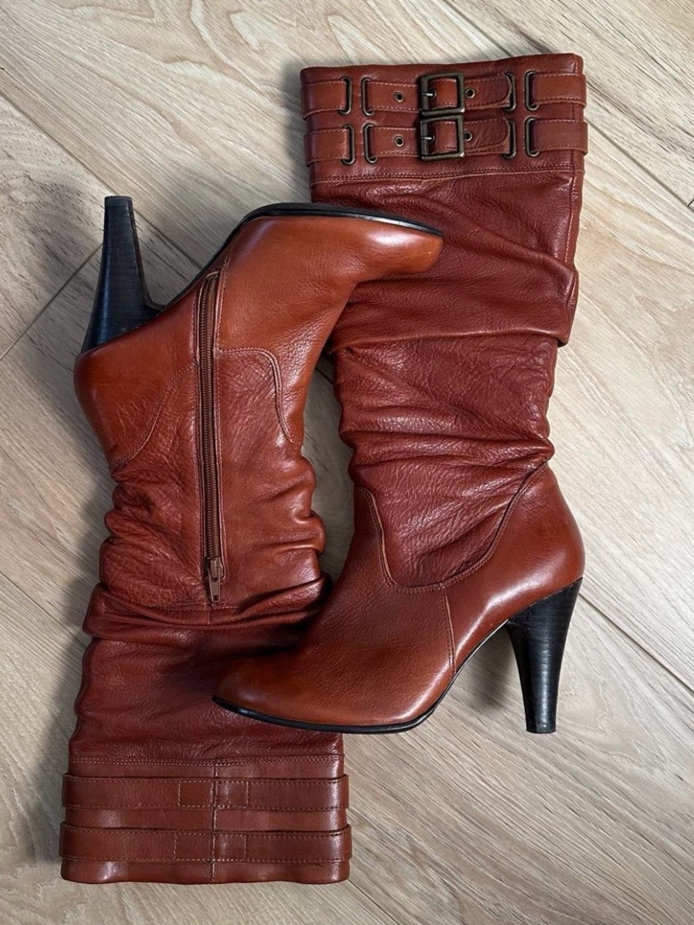 Women's Brown Leather Mid-Calf Heeled Boots